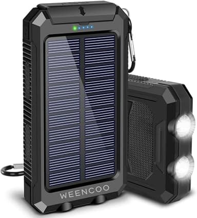 WEENCOO Batterie Externe Solaire 20000mAh USB Chargeur Portable avec Panneau Solaire, Splashproof, Antipoussière, Antichoc Power Bank avec 2 Lampes de Poche, Port d'entrée de Type C, Boussole (Noir)