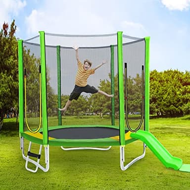 Trampoline Enfant Jardin Ø 213 cm - avec Toboggan, Échelle, Filet de Sécurité, Double Porte & Tubes Rembourrés - Certifié TÜV, jusqu'à 100 kg - Jeu d'Extérieur pour Enfants