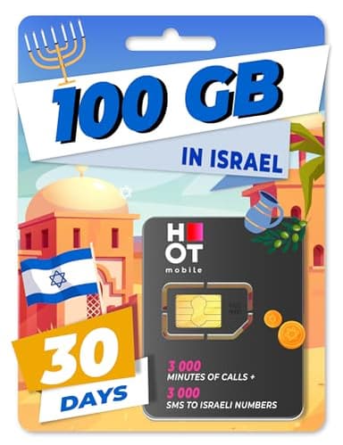 Hot Mobile - Carte SIM prépayée 100 Go en Israël, 3000 Minutes, 3000 SMS, 4G|LTE, Activation obligatoire sur Notre Portail (www marcopolomobile COM)