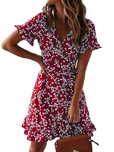 CheChury Robes Casual Femme Robe Floral Imprimé Décontracté Robe d'été Mini Robe à Manches Courtes à Col en V Robe Courte Fleurie Robe Volants Bohème Robe Imprimé Floral Elégant Slim Fit,Vin,XXL