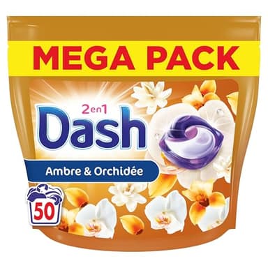 Dash 2en1 PODS Ambre et Orchidée, 50 Lavages, Lessive Capsules 3-en-1, 3 Semaines de Fraîcheur avec Lenor, Notes de Vanille et d'Ambre, Efficace en Cycle Froid, Fabriquée en France