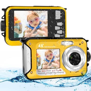Appareil Photo Etanche 64MP avec Carte 64GB, Camera Etanche 4K avec Autofocus Et Double Écran Selfie, Appareil Photo Etanche Numérique 5 Mètres, Caméra Enfants Snorkeling (2 Batteries)