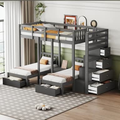 Seyakany Lit superposé Enfant 3 Places en Bois Massif 90 x 200 cm,lit Mezzanine 3 Places superposé avec tiroirs de Rangement et échelle de sécuritélit Enfant avec Barriere,avec Table de Chevet (Grey)