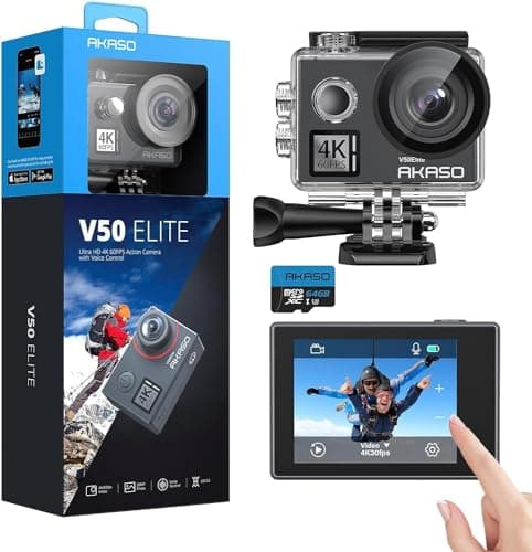 AKASO V50 Elite Action Cam avec Carte Mémoire MicroSDXC 64 Go, Caméra Sport 4K 60fps 20MP WiFi Télécommande Commande Vocale Ecran Tactile EIS sous Marine Angle Vision Réglable 8X Zoom