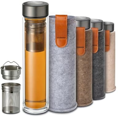 Cosumy Thermos Verre avec Infuser 500 ml - Verre à Double Paroi avec Housse en Feutre - Résistant à la Chaleur - Étanche - Lavable au lave-vaisselle (Gris)