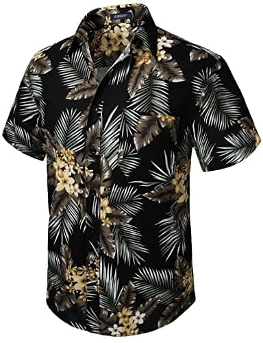HISDERN Hommes Funky Hawaïenne Floral Feuille Chemises A Manches Courtes Poche Avant Vacances Ete Aloha Imprime Plage Casual Noir Brun Hawaï Fleur Chemise XL Noir-2