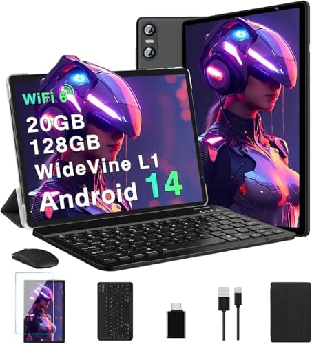 Biegedy Tablette 10 Pouces Android 14 Tablettes 20Go RAM + 128Go ROM(TF Extensible 2To), Octa-Core, GMS Tablette Tactile, Widevine L1, WiFi 6, 5G+2.4G Wi-FI, Tablettes avec Clavier+Souris et Cas-Noir