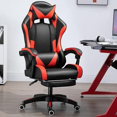 IZTOSS Chaise de Gaming Economica - Chaise de Bureau avec Repose-Pieds et appuie-tête et Coussin Lumbare (A-Noir+Rouge)