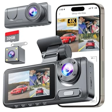 4K Dashcam Voiture Avant Arrière, Camera Voiture avec Carte SD 32G, Grand Angle 170° Dashcam avec G-Capteur, Vision Nocturne, Mode Stationnement 24H, Enregistrement en Boucle