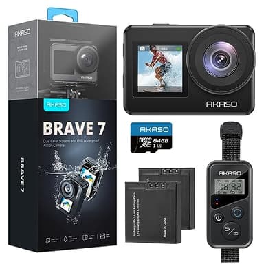 AKASO Brave 7 Caméra Sport 4K avec Carte Mémoire de 64Go - Action Cam IPX 8 Etanche Deux Écrans Tactile 20MP Caméra d‘Action, EIS 2.0 Grand Angle Zoom avec Télécommande et 2 Batteries 1350mAh