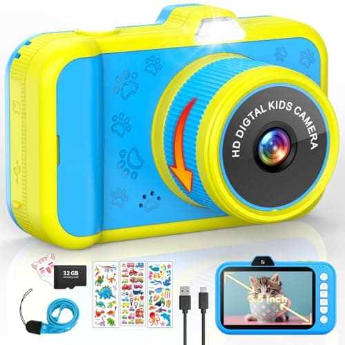 Appareil Photo Enfant | 3.5" Grand Écran| Zoom Rotatif 360°| 1080P HD Appareil Photo Numérique Enfant avec Selfies| Flash| Carte 32G| Cadeau Jouet Fille et Garçons 3 4 5 6 7 8 9 10 11 12 Ans| Bleu