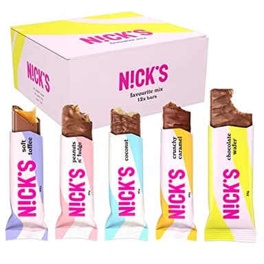 NICKS Favori Assortiment Barres Chocolat Keto Sans Sucre Ajouté, Sans Gluten, Sans Huile de Palme, Faible teneur en glucides et en calorie, Low carb (12 Barres Céto)