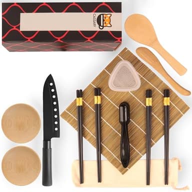 Kit sushi complet. Sushi maker kit complet professionnel (17 pièces) Appareil à sushi composé de natte professionnelle en bambou, couteau, moules à nigiri et onigiri, baguettes, cuillère... (Maker B)