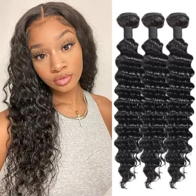 Tissage Bouclé Naturel Cheveux Humain Deep Wave Curly Meches Tissage Bresilien en lot Cheveux Humains Naturels Vierges Unprocessed Weave Human Hair Extensions Bundles Noir Naturel 12 14 16 Pouces 210g