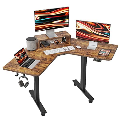 FEZIBO Bureau en Forme de L Électrique avec Double Moteur, Bureau d'angle Debout de 120 cm, Bureau Assis-Debout pour Le Bureau à Domicile avec Plateau Marron Rustique et Cadre Noir.