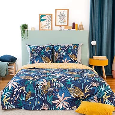 CÔTE DECO Parure de lit 2 Personnes avec Housse de Couette 220x240cm + 2 taies d'oreiller 63x63cm Motif Feuilles Tropicales 100% Coton adouci Bleu (240x220cm)