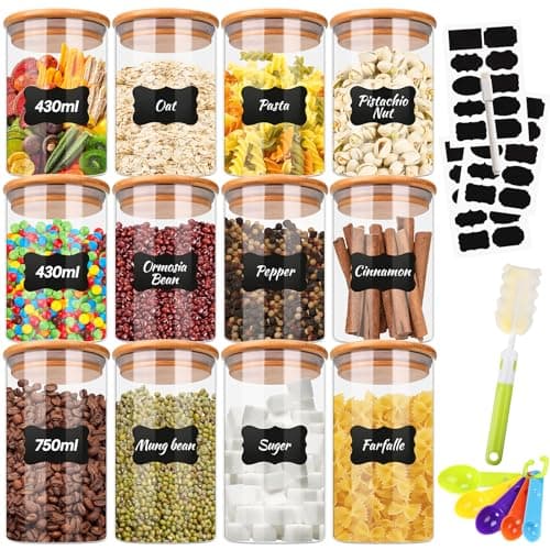 TEGOVE Lot de 12 Bocaux en Verre,Bocaux Rangement Cuisine,430ml/750ml Bocal en Verre avec Couvercle en Bambou,Pot de Rangement en Verre à Haute Teneur en Borosilicate