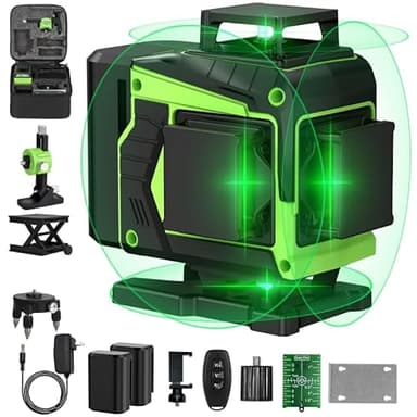 Niveau Laser 4 x 360° Autonivelant Vert, 4D 16 Lignes Laser Chantier à Ligne Croisée Verticale/Horizontale, 2 x Batterie, IP54, Support Rotatif, avec Télécommande & Mallette de transport
