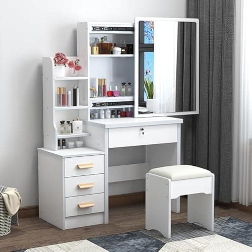 Coiffeuse moderne avec miroir, 4 tiroirs et 6 étagères, table de maquillage avec lumières LED réglables et tabouret, commode de chambre à coucher (blanc)