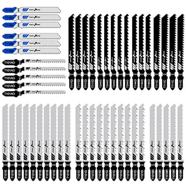 Firschoie Lot de 52 Lames de scie sauteuse, Lame de scie à métaux professionnelle à haute teneur en carbone, 10 modèles, Lame de scie Idéal pour le bois, le plastique et le métal