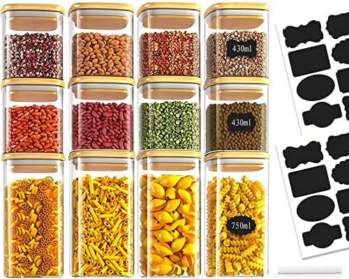 Amzeeniu Bocaux en Verre Lot de 12,430ml/750ml Bocal en Verre avec Couvercle,Pot Epices verre Rangement Cuisine Bocaux à Épices,Hermetiques Boite Rangement pour Céréales 16 étiquettes Noires,Stylo