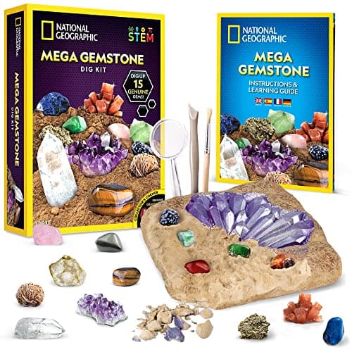 NATIONAL GEOGRAPHIC Kit de Fouille Géante de Pierres Précieuses - Découvrez 15 Véritables Gemmes et Cristaux, Kit Scientifique pour Enfants