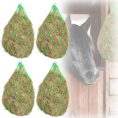 BORDEAG 4 Pièces Filet À Foin, Filet A Foin Pour Chevaux, Filet A D'alimentation, 36 Cm De Long Trou De 5 Cm De Long Sac A Foin Avec Mailles Filet A Foin Extra Large Pour Poneys,Chèvres, Animaux(Vert)
