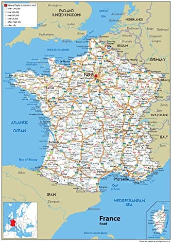 Carte routière de la France - Papier plastifié - Format A1 - 59,4 x 84,1 cm
