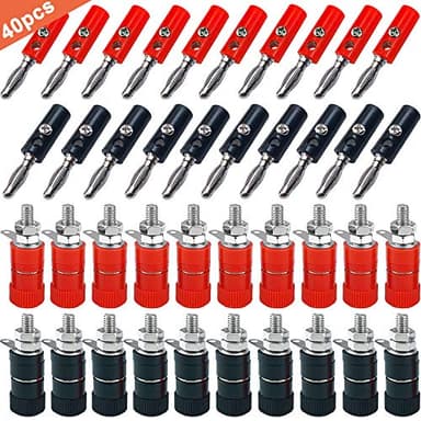 QitinDasen 40Pcs Premium 4mm Banane Prise Connecteur Kit: 20Pcs Plaquée Nickel Banane Fiche + 20Pcs Banane Sécurité Douille, pour Haut-Parleur, Audio/Vidéo Récepteur (Rouge & Noir)