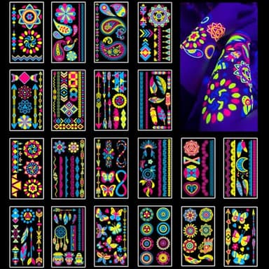 Tatouage Ephemere 20 Feuilles Tatouage Fluo Reaction à la Lumiere Noire UV Neon, Tatouage Ephemere Femme Homme Fille Ado Enfant, Tatouage Temporaire Imperméable, Accessoires Party Fluo, Cadeau Drole