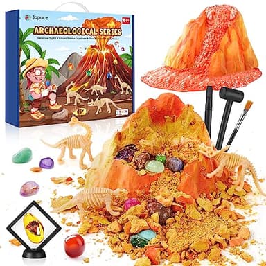 Japace Science et Jeu, 12 Pierres Précieuses et 4 Dinosaures - Fossiles d'ambre et Volcan, Kit de Fouille pour Enfant 5 6 7 8 9 10 Ans, Jouet de Archeologie pour Enfant Cadeaux, Jeux Scientifique