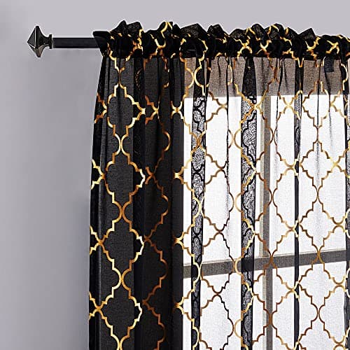 YJ YANJUN Rideaux Noirs et dorés de 213 cm de Long avec imprimé marocain en Feuille dorée métallisée pour Salon, Rideaux filtrant la lumière, 2 Panneaux, 132,1 x 213,4 cm