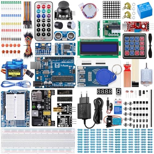 Miuzei Kit Electronique Compatible avec Arduino Complet Carte Starter Kit avec Breadboard, Capteurs, Résistances, Alimentation, LEDs 248 Accessoires, 42 Cours de Programmation