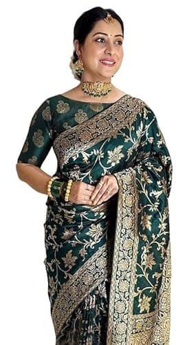 Sugathari Sari Banarasi en soie Kanjivaram pure pour femme Design 2023 Design Wear Pattu Sari en coton avec chemisier pour mariage Sari (Sam Paris S-7), vert foncé, taille unique