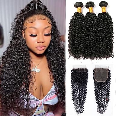 Tissage Bresilien avec Closure Tissage Naturel Cheveux Humain Tissage Cheveux Naturels 16 18 20+14 Pouce Curly Human Hair Bundles Tissage Bresilien Boucle Tissage Brésilien Vagues