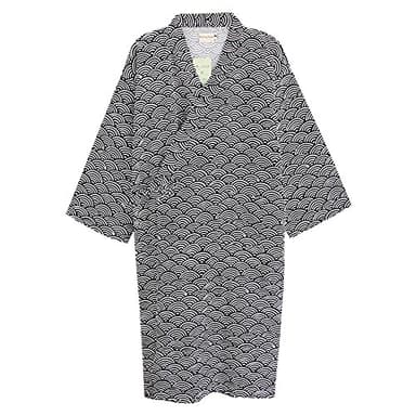 Unisxe Peignoir de Bain Kimono Japonais en Pur Coton Double Femme Homme Chemise de Nuit Lâche Ruban Poncho Plage Piscine Vêtement de Sauna Hydrothérapie Combinaison de Robe,Noir(vagues),L