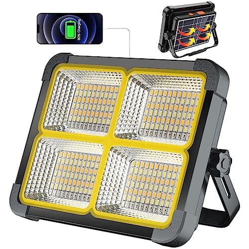 Projecteur LED Rechargeable 100W, Projecteur Chantier Rechargeable 12000mAh/ Panneau Solaire/ 4 Modes d'éclairage, Projecteur sur Batterie Rechargeable Idéal pour Camping, Travail, Pêche