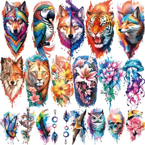 77 Feuilles de Tatouages ​​Temporaires, 17 Feuilles Demi-bras Fleur Lion Loup Tigre Chat Hibou Perroquet Faux Tatouages ​​pour Adultes, 60 Feuilles de Petits Tatouages ​​Temporaires pour Femmes Filles