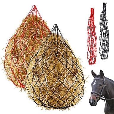 Glarks Lot de 2 filets à foin à alimentation lente de 91,4 cm, 2 couleurs, grand filet à foin en polyester résistant pour remorque et étal, simule le pâturage, réduit les déchets (noir, rouge)