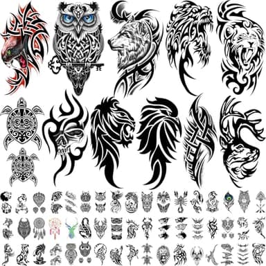 77 Feuilles de Tatouages Temporaires Tribaux pour Hommes et Femmes, 17 Feuilles motif loup lion hibou Demi Bras Poitrine Épaule Faux Tatouages, 60 Minuscules Adultes Tatouages Réalistes Imperméables