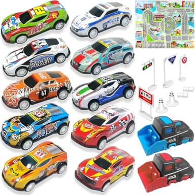 TOYABI Coffret Petite Voiture Enfant, 10 Petites Voitures Jouets avec Catapulte & Tapis de Jeu, Lot Voitire Miniature en Métal 1/64, Mini Cars, Véhicules à Friction pour Enfants 3 4 5 6 7 8 Ans