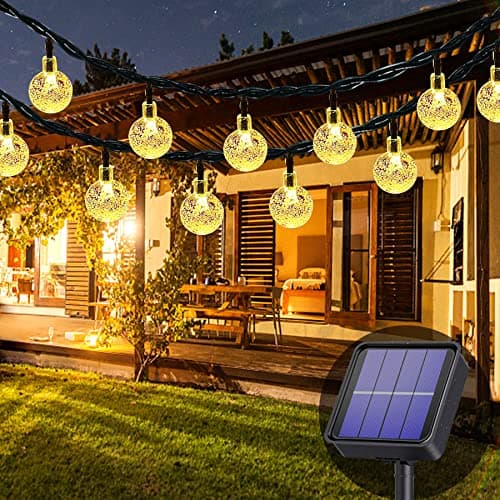 Lezonic Guirlande lumineuse solaire pour extérieur, 50 LED, 8 modes, boules de cristal, étanche, pour extérieur/intérieur, jardin, balcon, arbres, mariages, fêtes, Noël (blanc chaud)