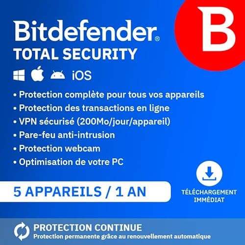 Bitdefender Total Security 2025 | 5 Appareils | 1 An | PC/Mac/iOS/Android | Code d’activation par email | Renouvellement Automatique