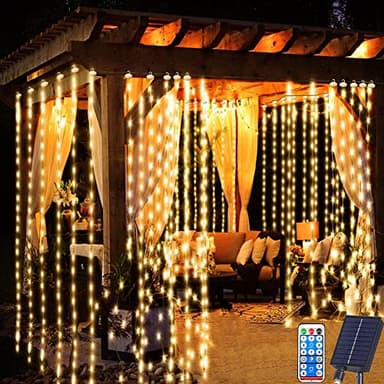 Redefun Rideau Lumineux Solaire Extérieur, 3m x 3m 300LED Lumineuse Solaire avec Télécommande, 8 Modes Cascade Solaire d'extérieur étanche pour Jardin, Balcon, Tonnelle, Déco de Fête(Blanc Chaud)