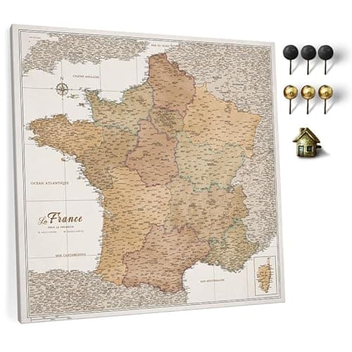 Carte de France sur toile avec tableau d'affichage en liège pour épingler les destinations - Tableaux de toile de carte de France de haute qualité de différentes tailles (80x80 cm Modèle 1)