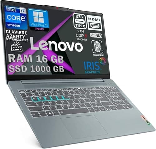 LENOVO IDEAPAD Ordinateur Intel i7-13620H 10 Coeurs 4.9Ghz, Clavier rétroéclairé AZERTY, RAM 16Go DDR5, SSD 1000Go, écran 15,6 FULLHD, WiFi6E Certificat, Empreinte Digitale, Windows 11 Pro configuré