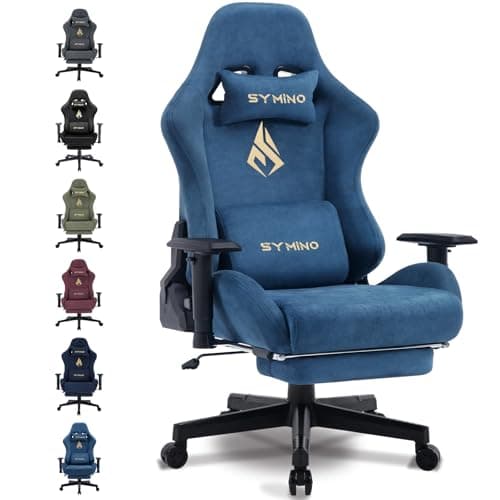 Symino Chaise Gaming Ergonomique et Fauteuil Gamer avec Repose-Pieds Télescopique Coussin à Ressorts, Support Lombaire et Hauteur Réglable 200kg (Faux Daim, Bleu)