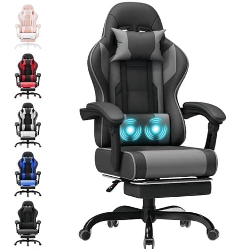TRIUMPHKEY Chaise de Jeu Ergonomique avec Massage Lombaire, Fauteuil Gamer, Dossier Inclinable, Siège Confortable et Facile à Nettoyer, Idéale pour Jeu et Travail, Gris