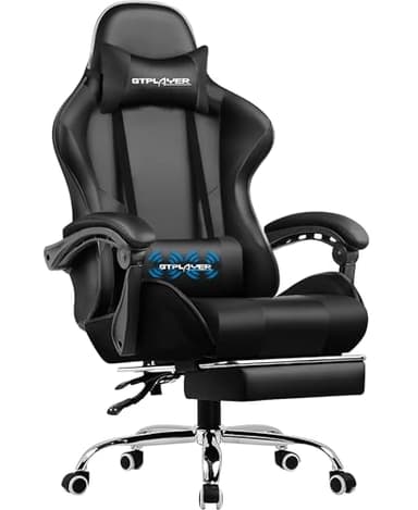 GTPLAYER Chaise Gaming, Fauteuil Gamer avec Massage Lombaire, Chaise de Gaming Repose-Pieds Rétractable, Dossier Inclinable à 135°, Siège Confortable en Cuir, Chaise Bureau, Charge 150 kg, Noir