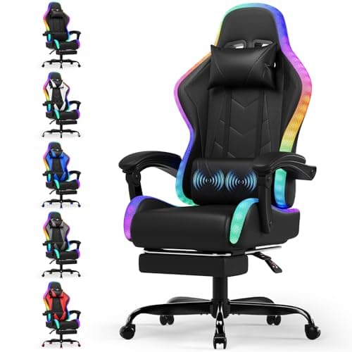 Devoko Chaise Gaming Ergonomique avec LED RGB, Massage Lombaire & Repose-Pieds – Fauteuil Gamer avec Appui-tête réglable – Dossier inclinable & Hauteur Ajustable – 180 kg – Noir